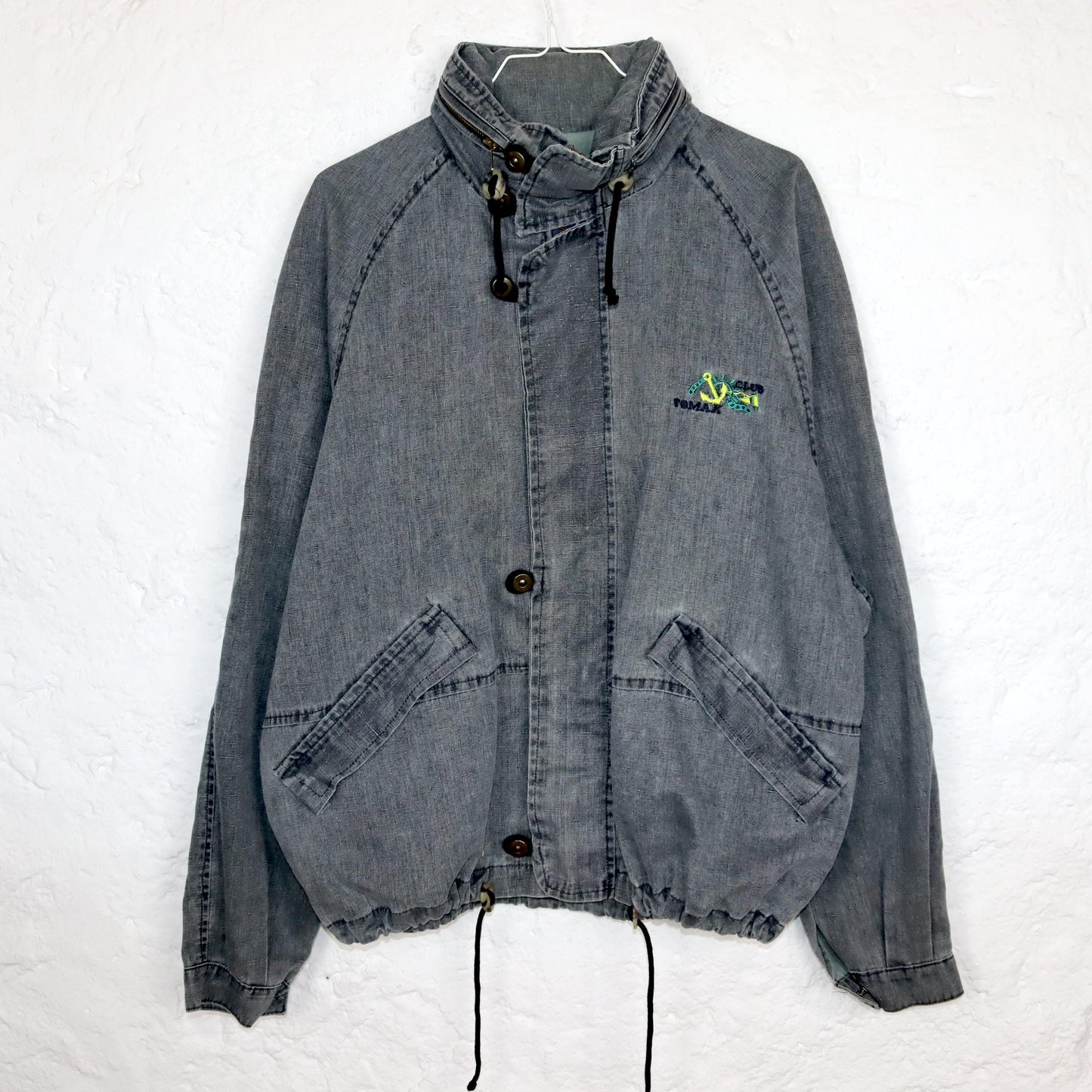 Vintage 80s 90s TOMAX denim jacket thin overcoat with hood grey denim M/L
