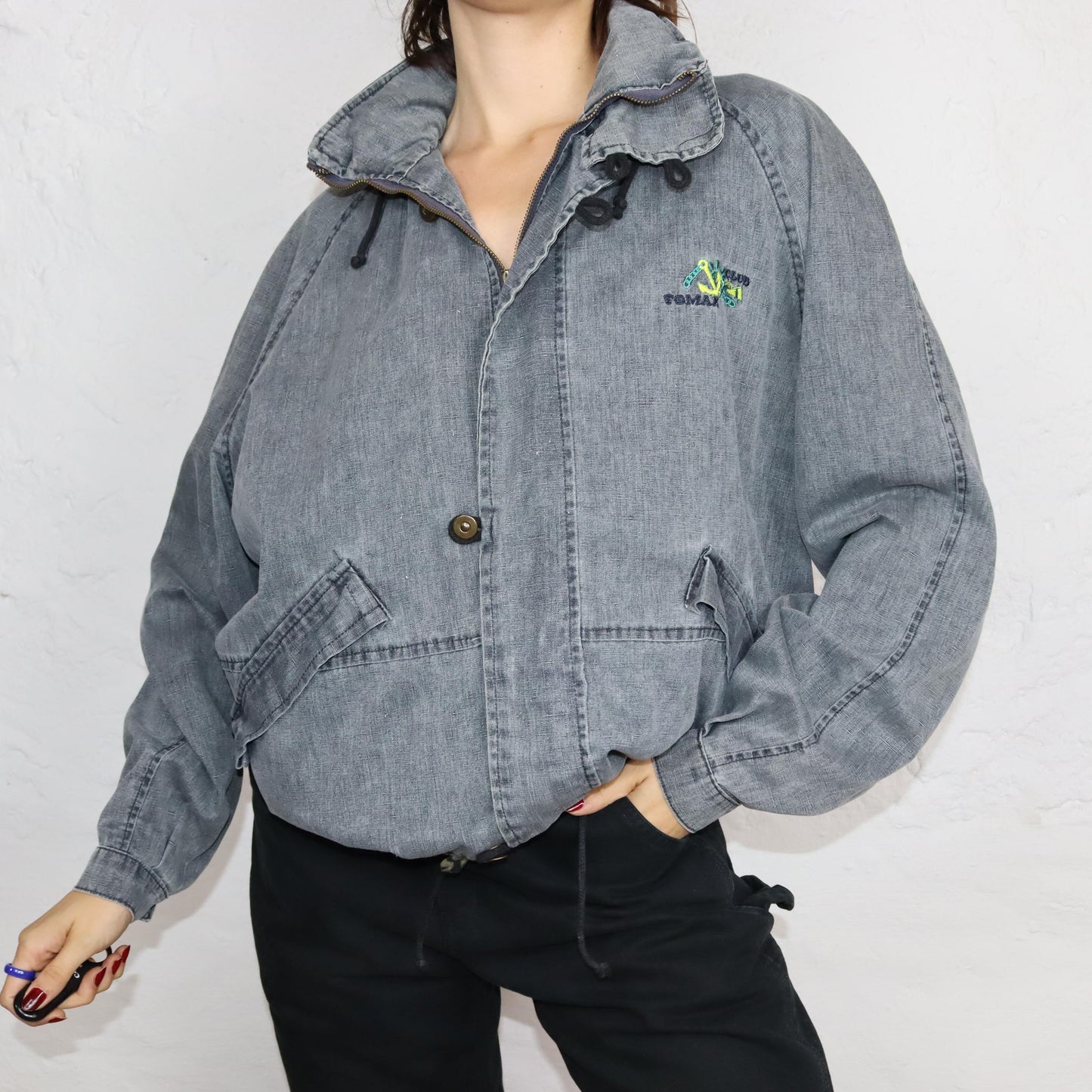 Vintage 80s 90s TOMAX denim jacket thin overcoat with hood grey denim M/L