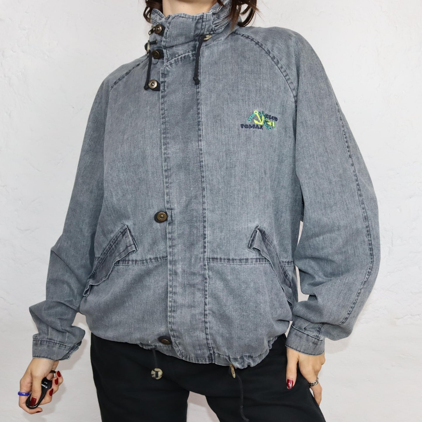Vintage 80s 90s TOMAX denim jacket thin overcoat with hood grey denim M/L