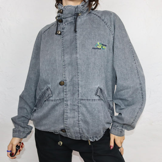 Vintage 80er 90er TOMAX Jeansjacke dünn Überziehjacke mit Kapuze grau Denim M/L