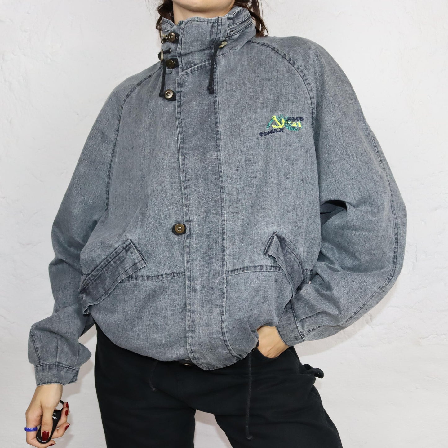 Vintage 80s 90s TOMAX denim jacket thin overcoat with hood grey denim M/L