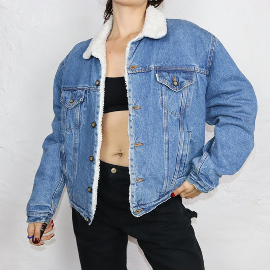 Vintage 80er 90er TOP IN Jeansjacke gefüttert Jacke Teddyfell blau L