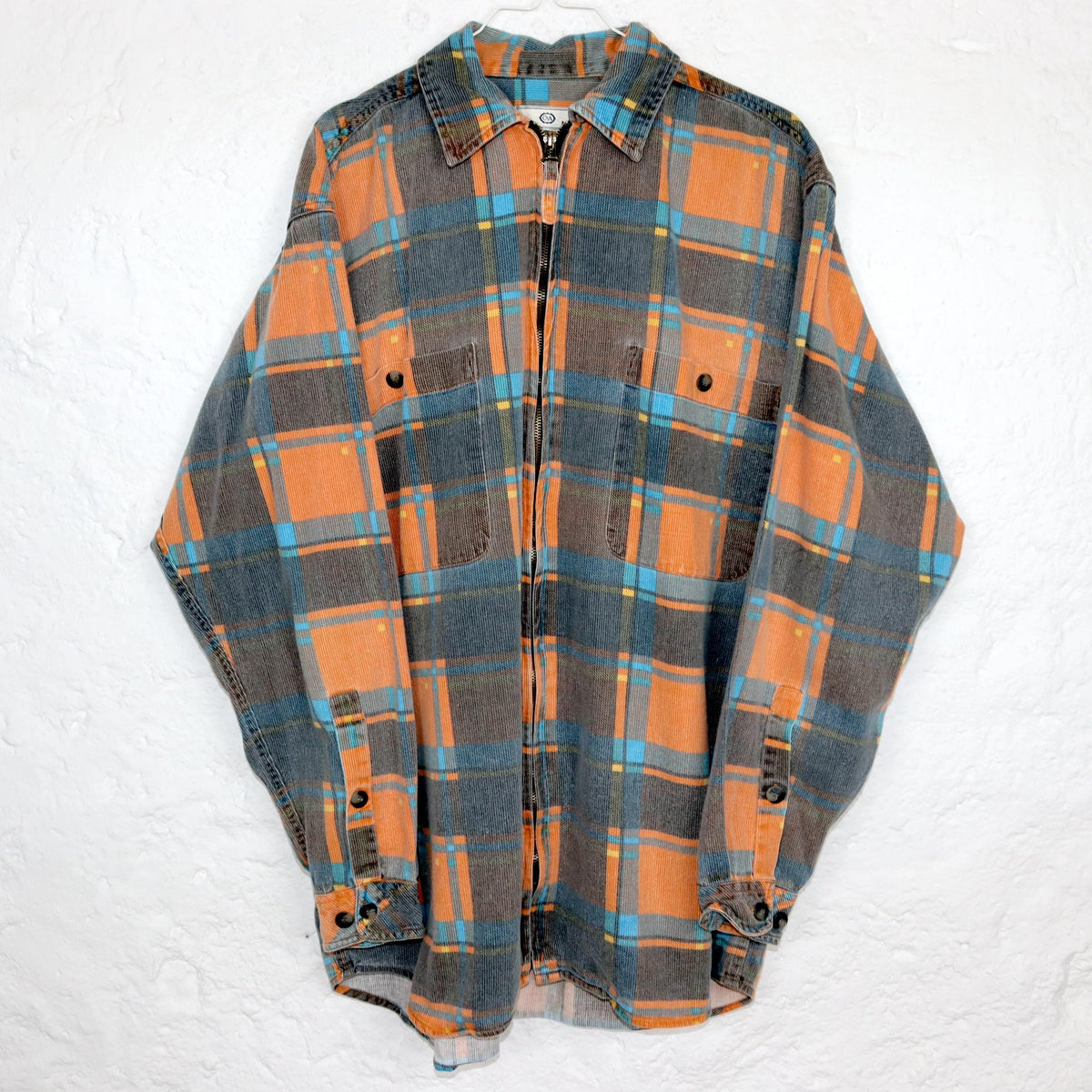 Vintage 80er 90er C&A Hemd langarm kariert Flanellhemd orange grau blau M
