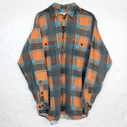 Vintage 80er 90er C&A Hemd langarm kariert Flanellhemd orange grau blau M