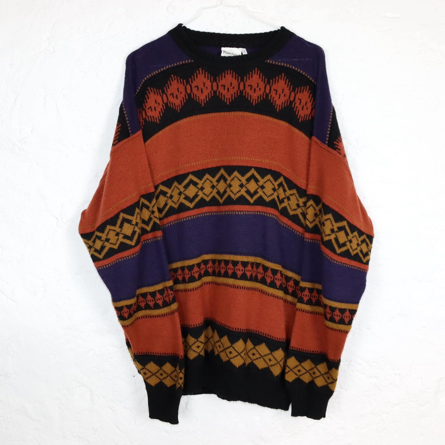 Vintage 80er 90er TOM TINO Wollpullover wolle Pullover gemustert orange lila schwarz 52 L
