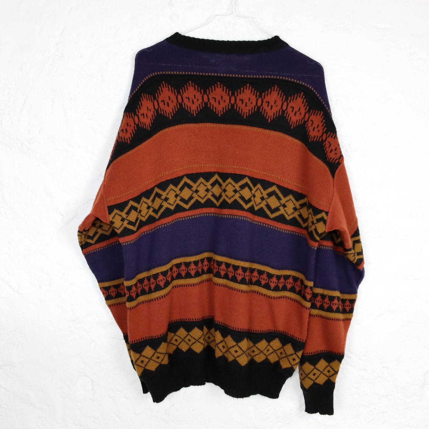 Vintage 80er 90er TOM TINO Wollpullover wolle Pullover gemustert orange lila schwarz 52 L