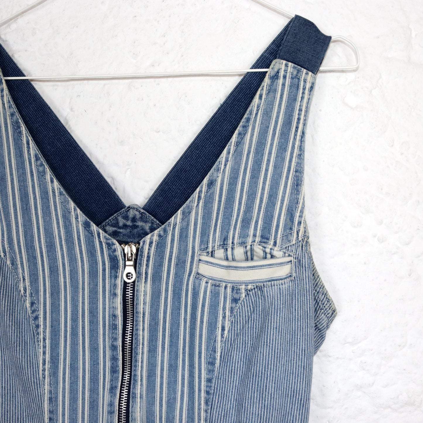 Vintage 80s 90s SQUAQ mini dress denim dress straps striped zipper fitted S