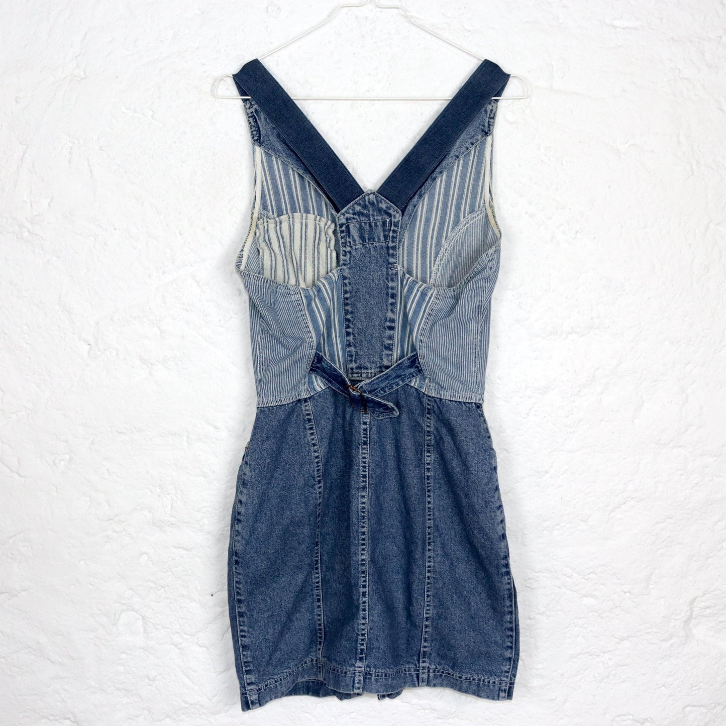 Vintage 80s 90s SQUAQ mini dress denim dress straps striped zipper fitted S