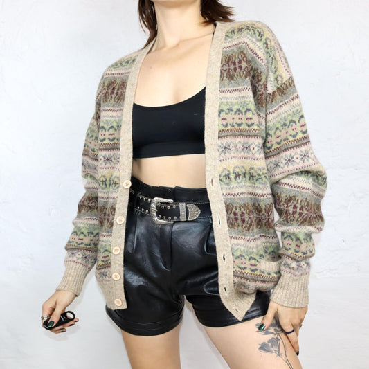 Vintage 80er 90er Wollcardigan Cardigan Wolle gemustert beige bunt Pastell L