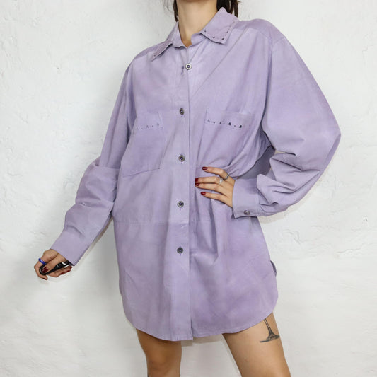 Vintage 80er 90er Ledermantel Lederhemd Flieder Knopfleiste Leder langarm dünn L