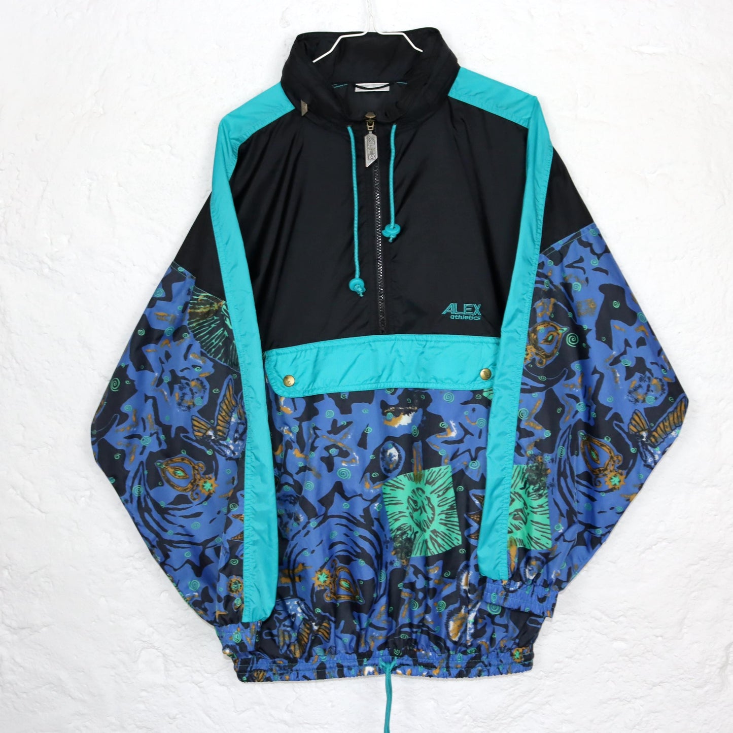 Vintage 80s 90s ALEX rain jacket windbreaker double-layered crazy pattern stand-up collar blue black S