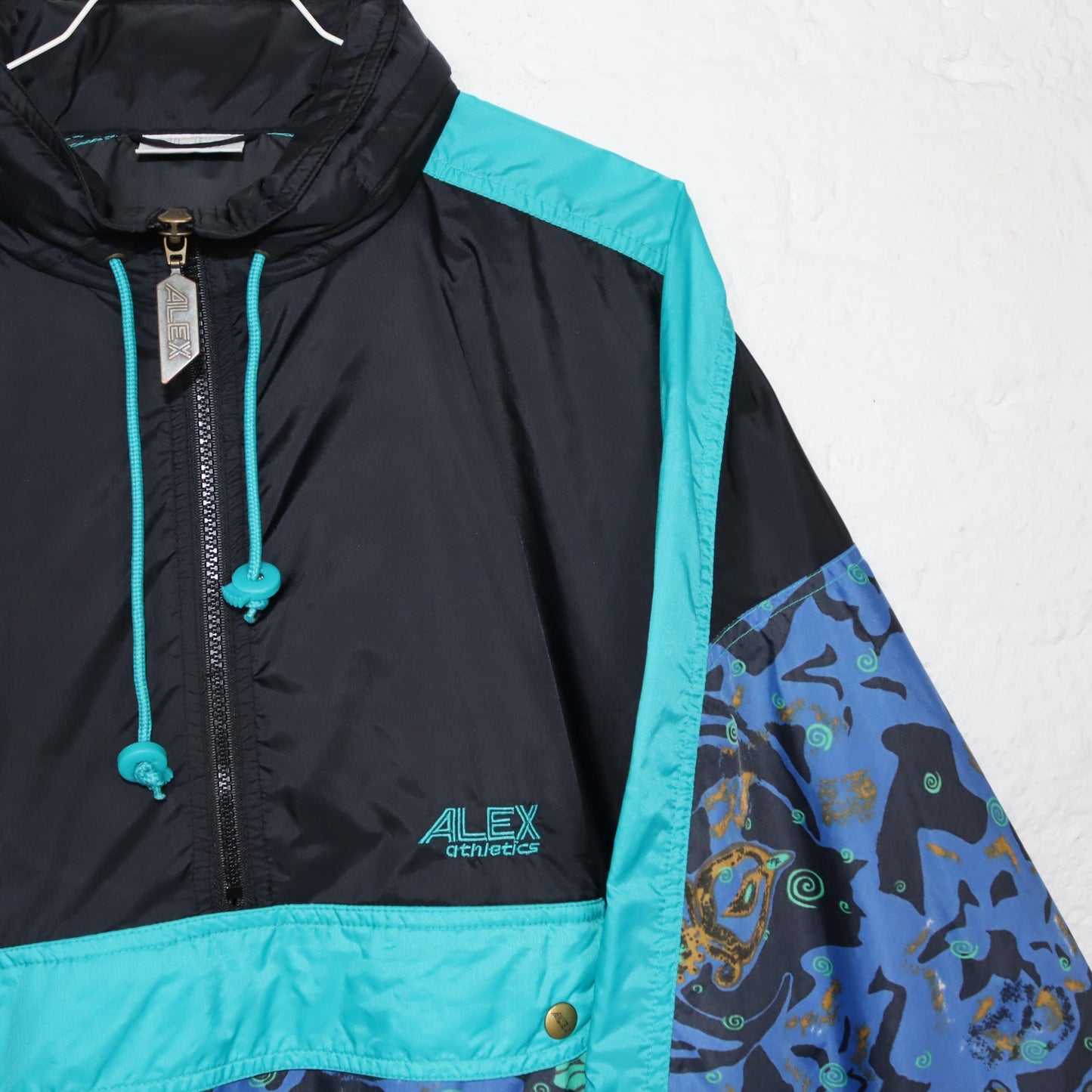 Vintage 80s 90s ALEX rain jacket windbreaker double-layered crazy pattern stand-up collar blue black S