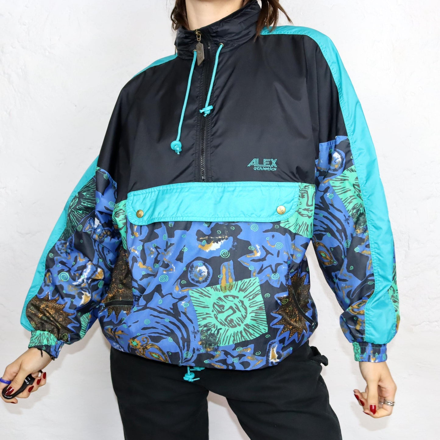 Vintage 80s 90s ALEX rain jacket windbreaker double-layered crazy pattern stand-up collar blue black S