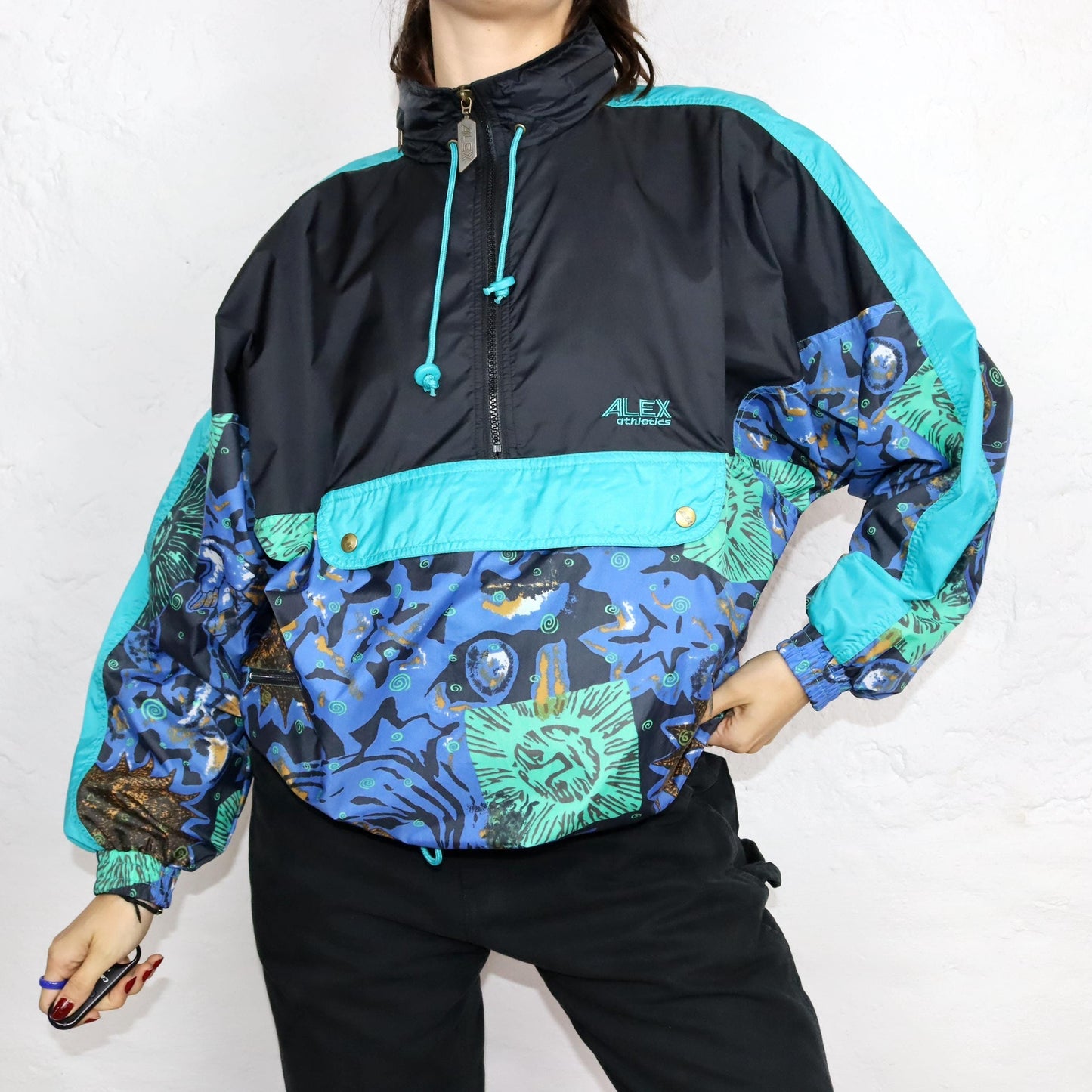Vintage 80s 90s ALEX rain jacket windbreaker double-layered crazy pattern stand-up collar blue black S