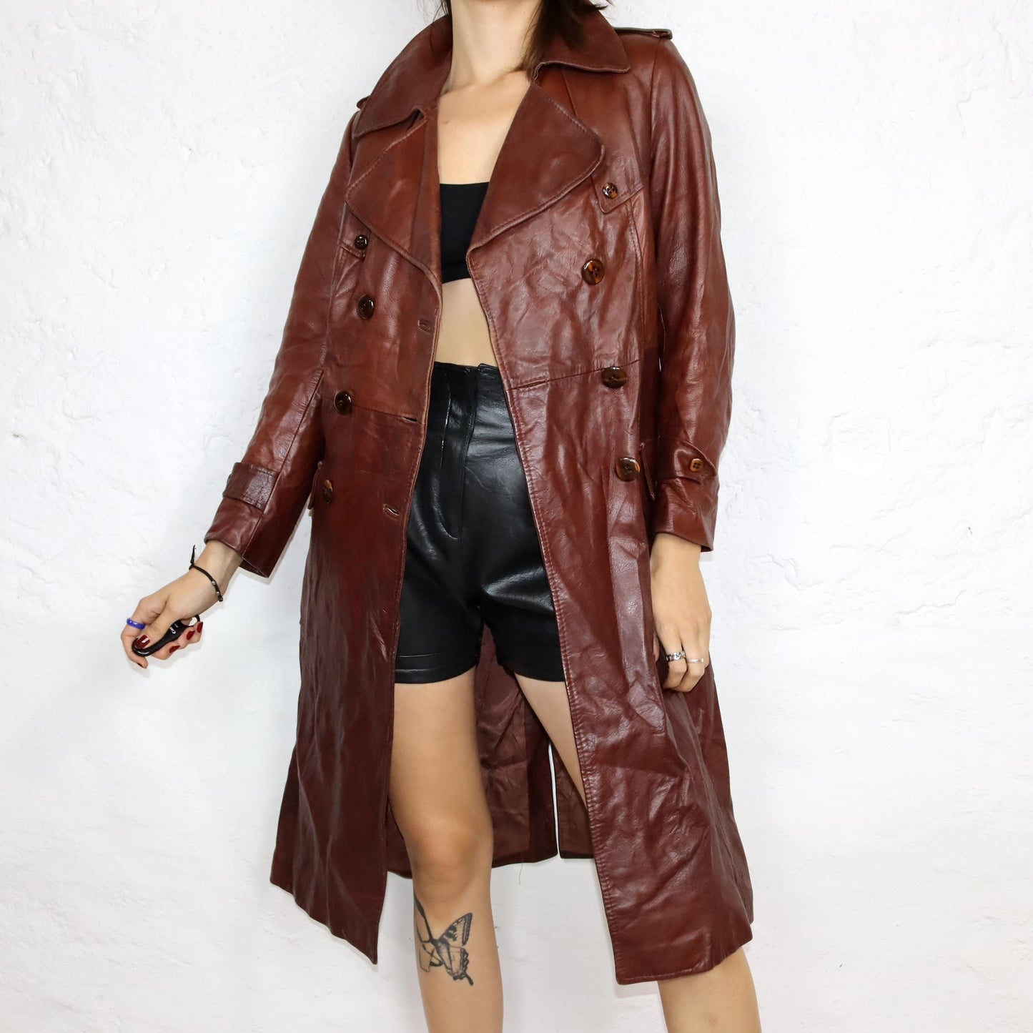 Vintage 80s 90s TIMAF leather coat soft leather pointed collar brown double row buttons M