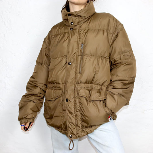 Vintage 80er 90er FILA Daunenjacke Weste abnehmbare Ärmel Puffer Jacket Winterjacke hellbraun 56 XL