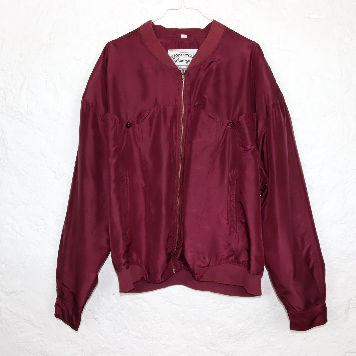 Vintage 80s 90s MONZA silk blouson jacket silk shoulder pads wine red L
