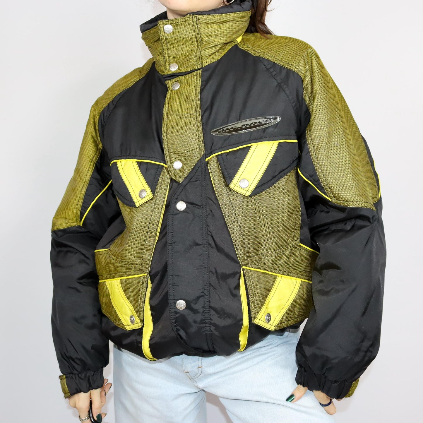 Vintage 80er 90er MC.ROSS Skijacke Winterjacke gefüttert schwarz gelb Stehkragen 48 L