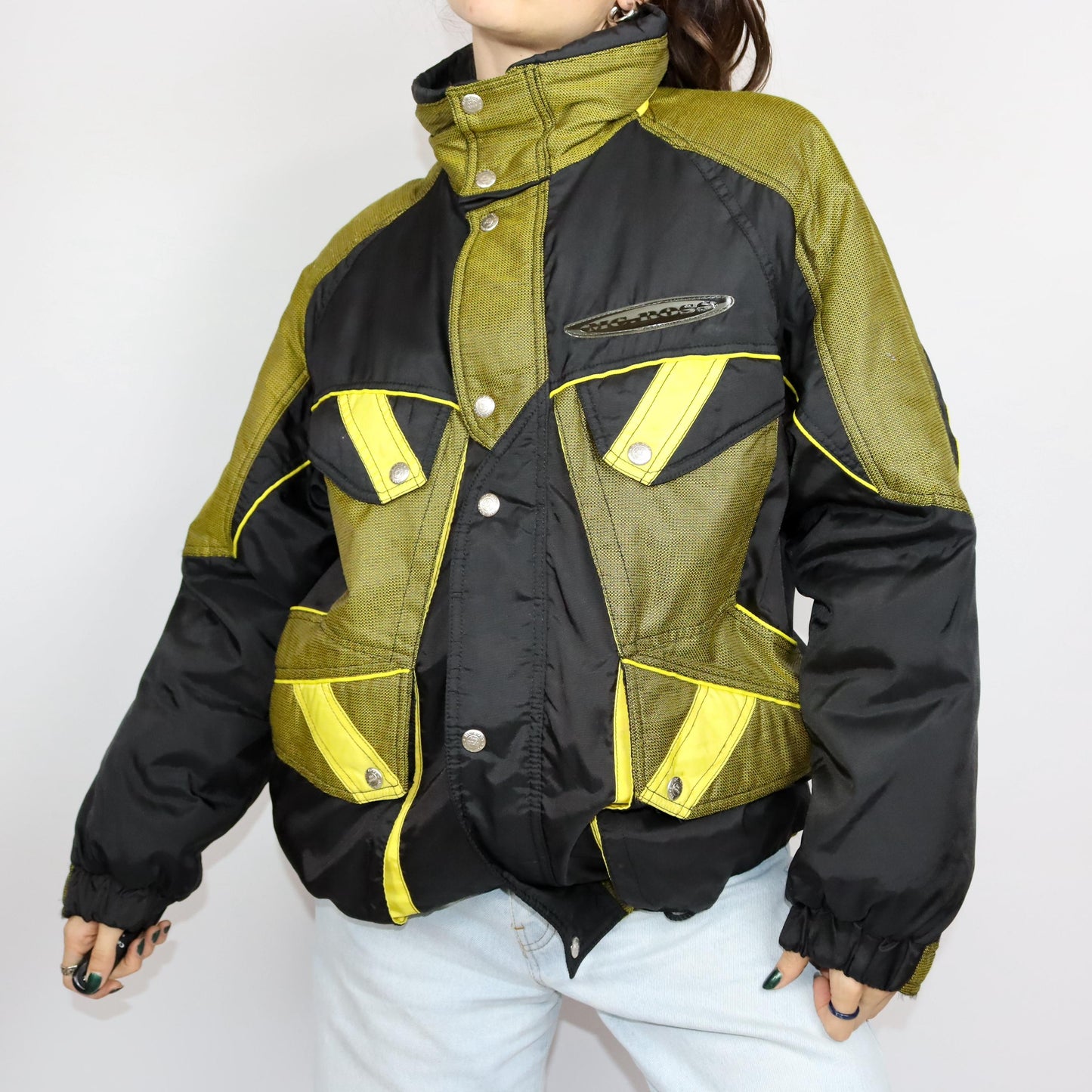Vintage 80er 90er MC.ROSS Skijacke Winterjacke gefüttert schwarz gelb Stehkragen 48 L