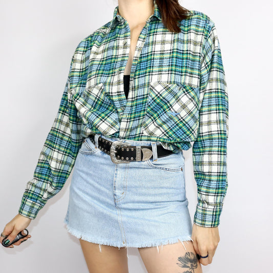 Vintage 80er 90er SPORTLINE Flanellhemd langarm Wollhemd Wolle kariert blau grün gelb S