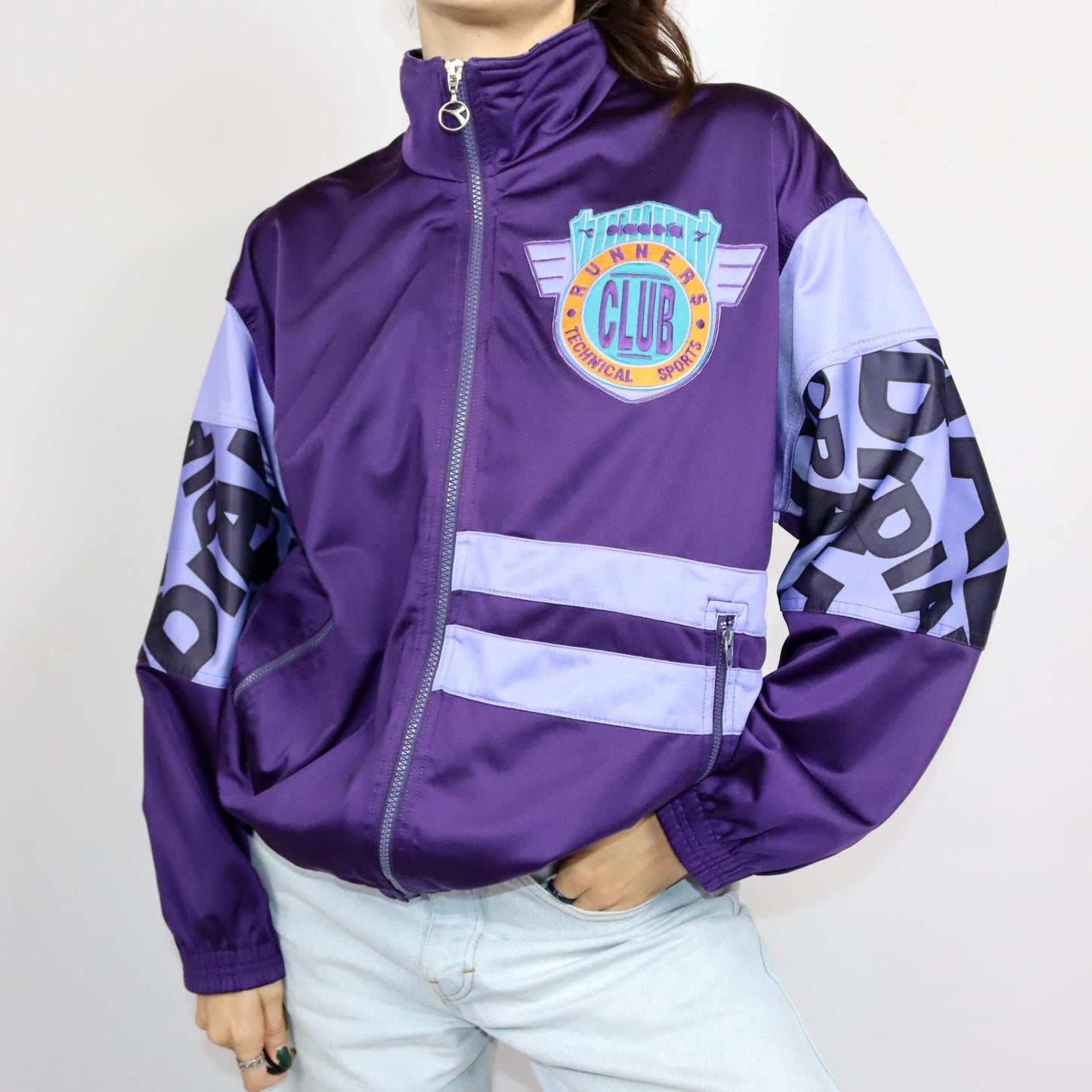 Vintage 80s 90s DIADORA tracksuit jacket stand-up collar purple crazy pattern L/XL