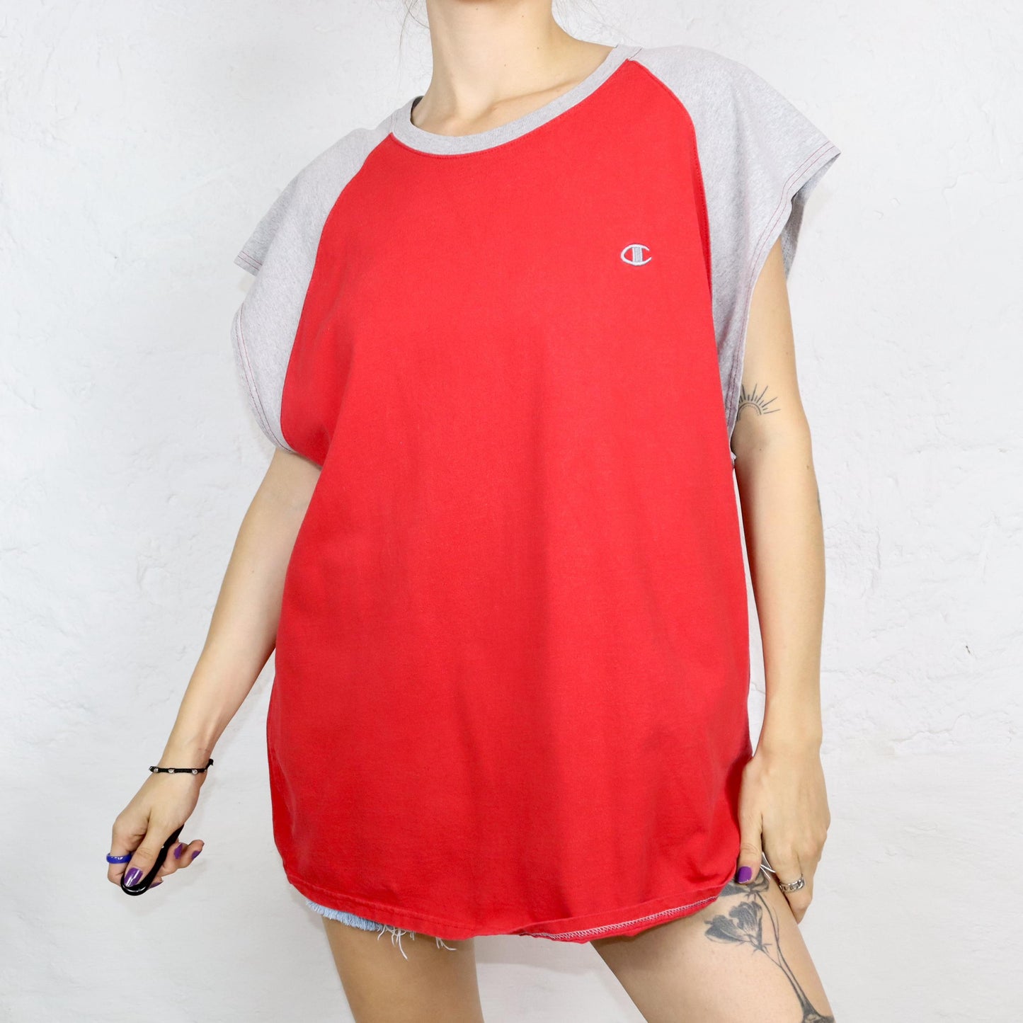 Vintage 80s 90s CHAMPION tank top short sleeve grey red XXL