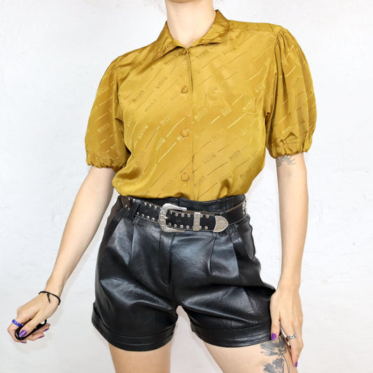 Vintage 80er 90er HUGO BOSS Bluse kurzarm Puffärmel senfgelb Seide gemustert S/M