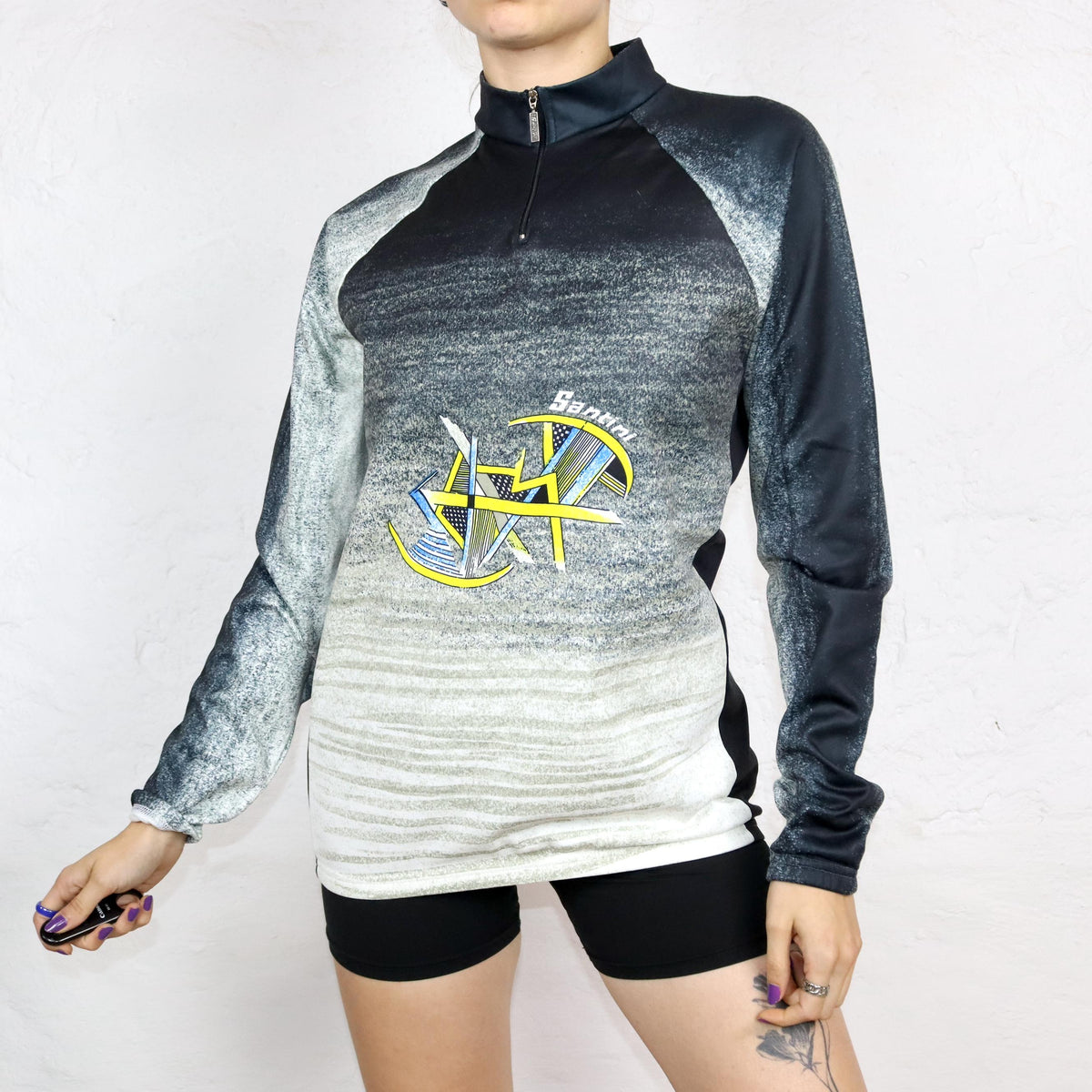 Vintage 80s 90s SMS SANTINI cycling jersey long sleeve inside fleece crazy pattern XL