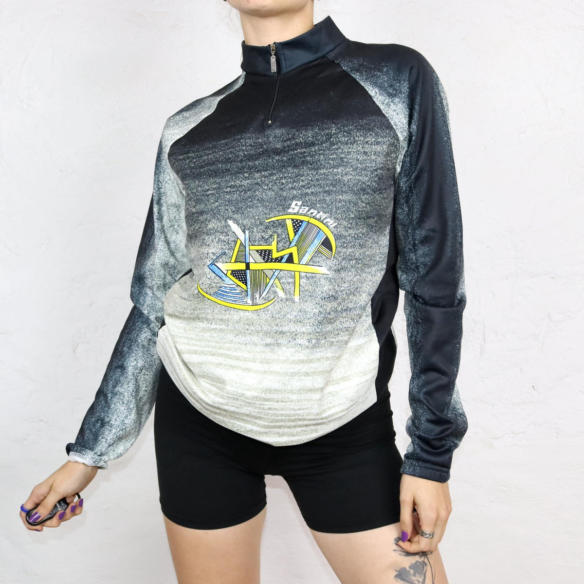 Vintage 80s 90s SMS SANTINI cycling jersey long sleeve inside fleece crazy pattern XL
