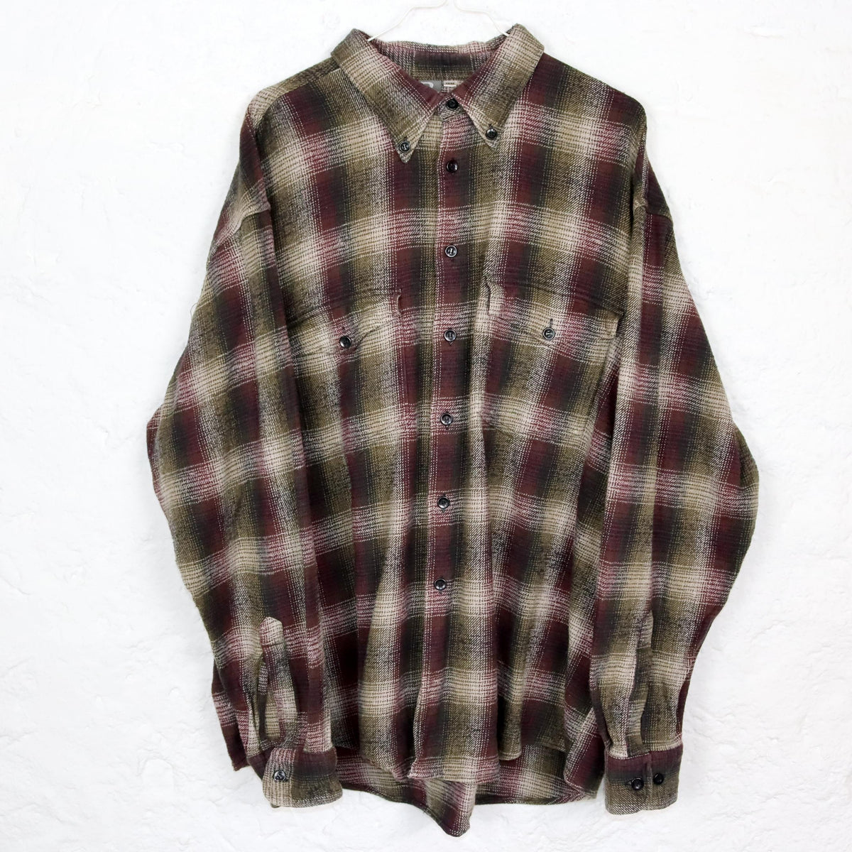 Vintage 80s 90s B flannel shirt long sleeve checked dark red khaki 43/44 S