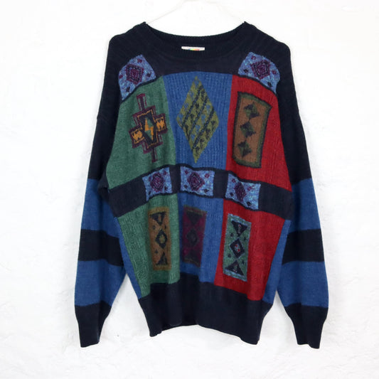 Vintage 80er 90er MONELLO Wollpullover Pullover gemustert Wolle dunkelblau bunt 50 L