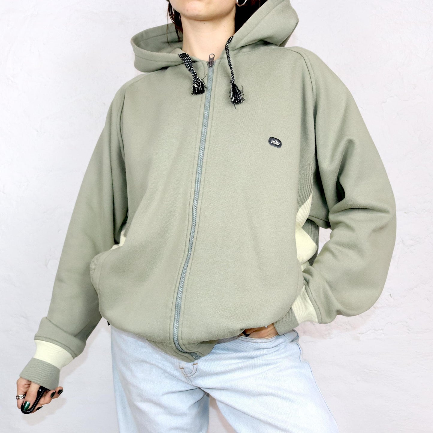Vintage 80er 90er NIKE Zip Hoodie Jacke Kapuze beige dick Strickeinsatz L