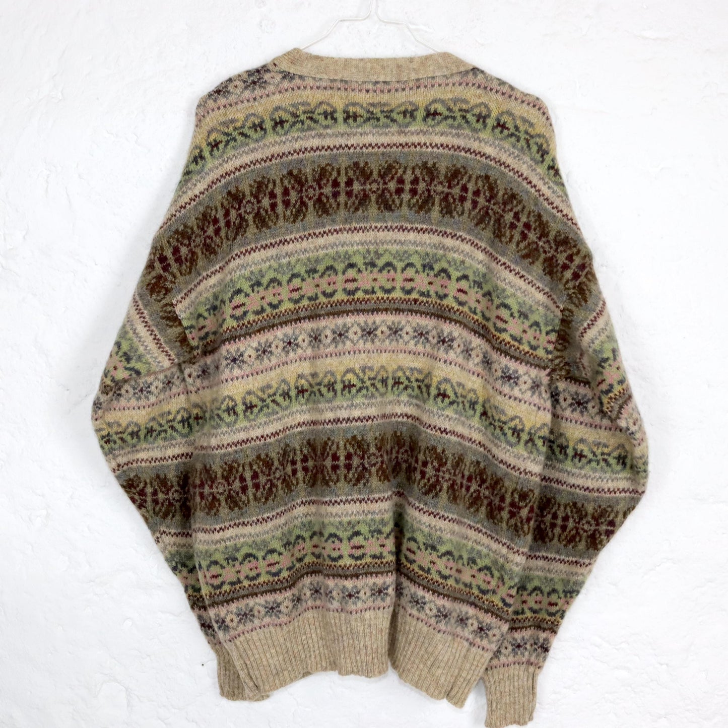 Vintage 80s 90s wool cardigan, patterned beige, colorful, pastel, L
