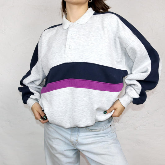 Vintage 80er 90er ACTIVE WEAR Sweatshirt Pullover Polokragen grau pink dunkelblau XL