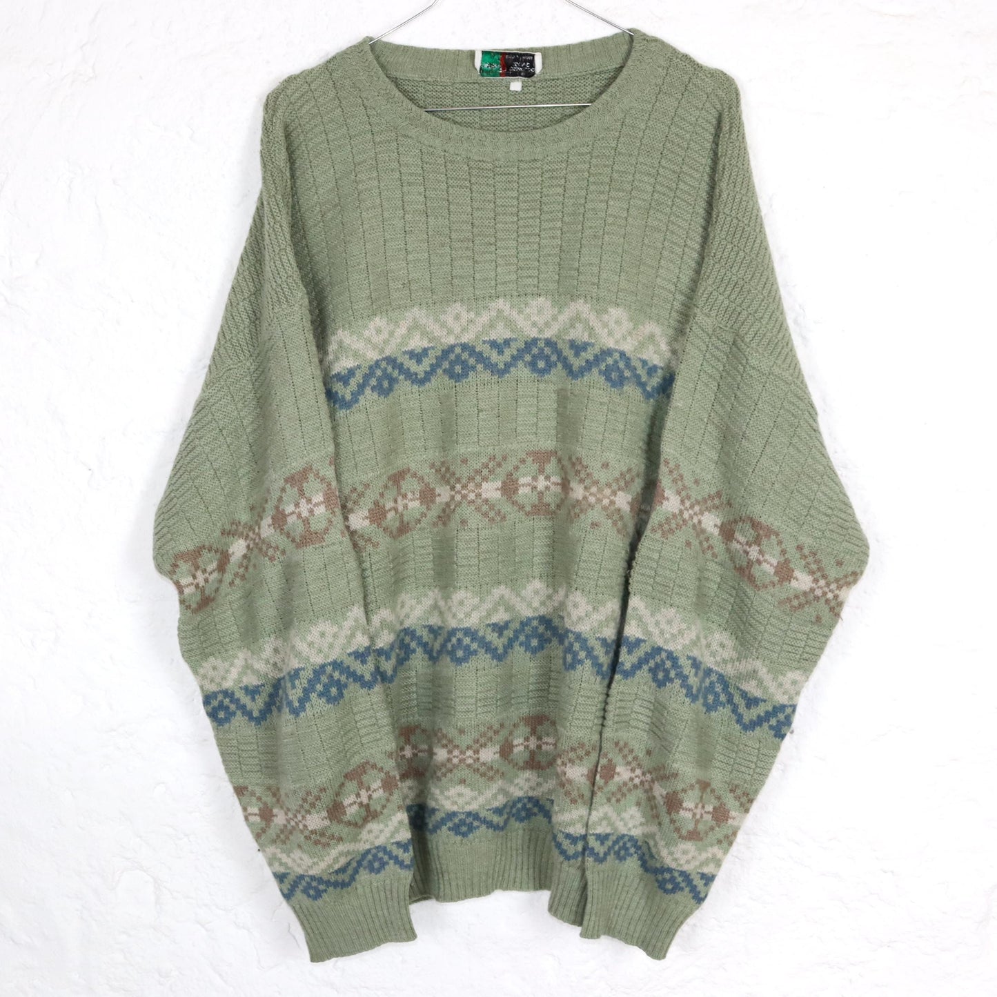 Vintage 80er 90er OSIALDO ZALO Wollpullover Pullover Wolle gemustert Pastell mintgrün XL