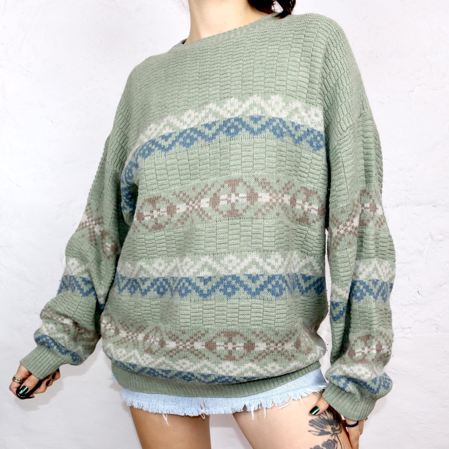 Vintage 80er 90er OSIALDO ZALO Wollpullover Pullover Wolle gemustert Pastell mintgrün XL