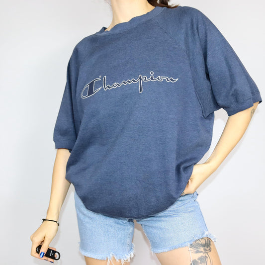 Vintage 80er 90er CHAMPION Sweatshirt kurzarm Shirt dunkelblau meliert XL