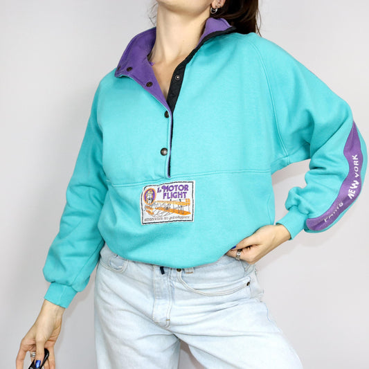 Vintage 80er 90er GRASSHOPPERS Sweatshirt Pullover Stehkragen türkis lila S