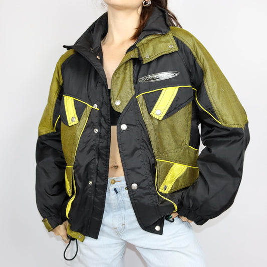 Vintage 80er 90er MC.ROSS Skijacke Winterjacke gefüttert schwarz gelb Stehkragen 48 L