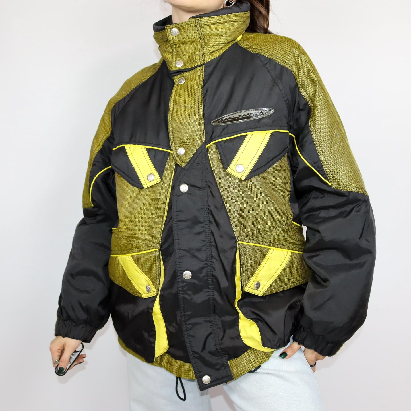 Vintage 80er 90er MC.ROSS Skijacke Winterjacke gefüttert schwarz gelb Stehkragen 48 L