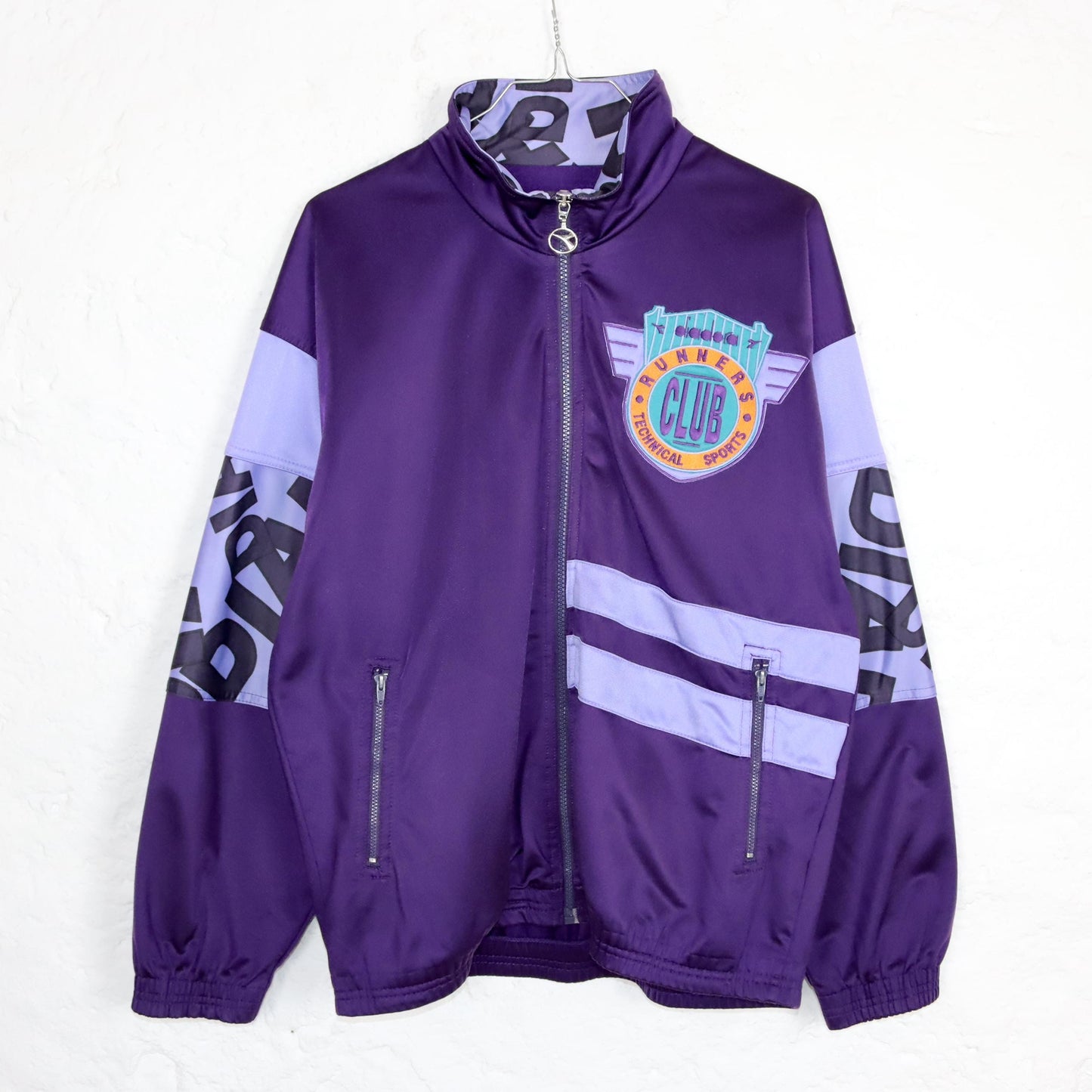Vintage 80s 90s DIADORA tracksuit jacket stand-up collar purple crazy pattern L/XL