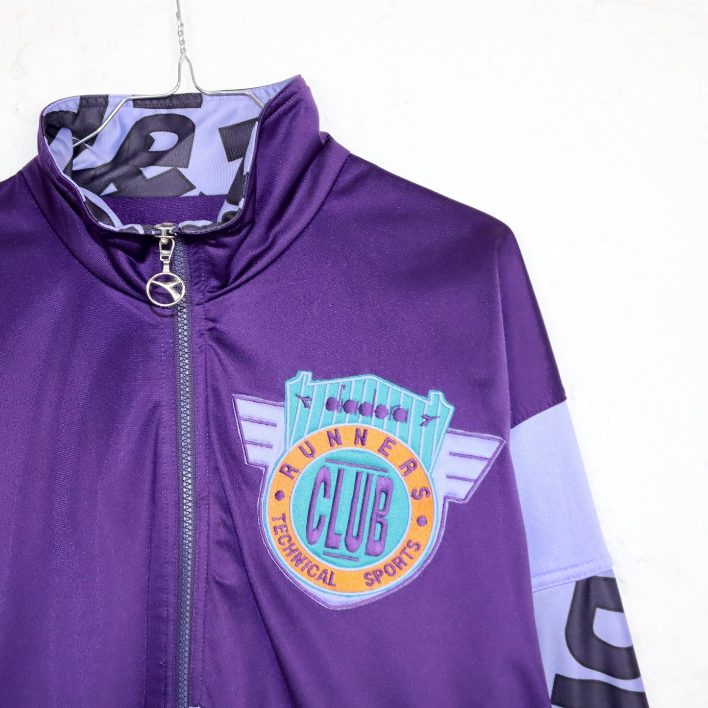 Vintage 80s 90s DIADORA tracksuit jacket stand-up collar purple crazy pattern L/XL