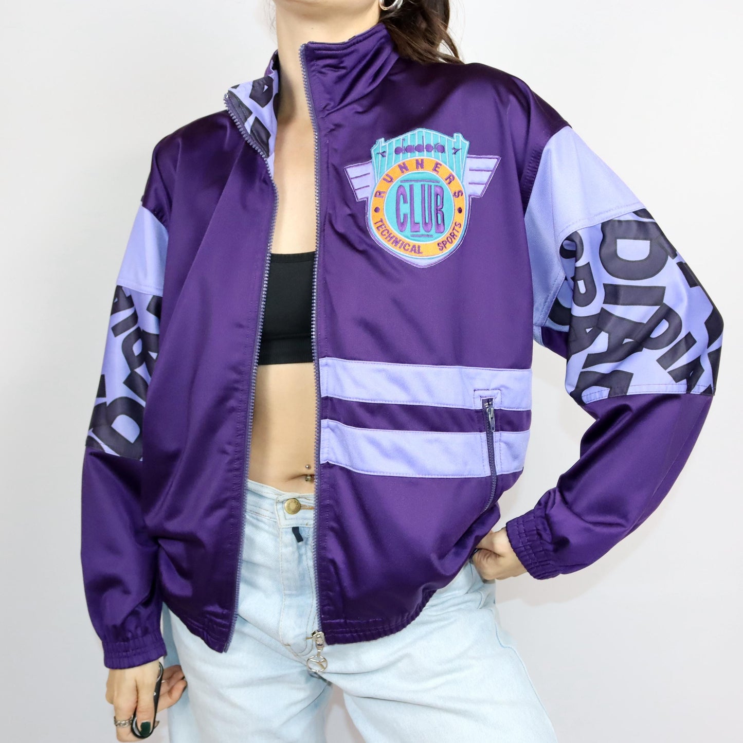 Vintage 80s 90s DIADORA tracksuit jacket stand-up collar purple crazy pattern L/XL