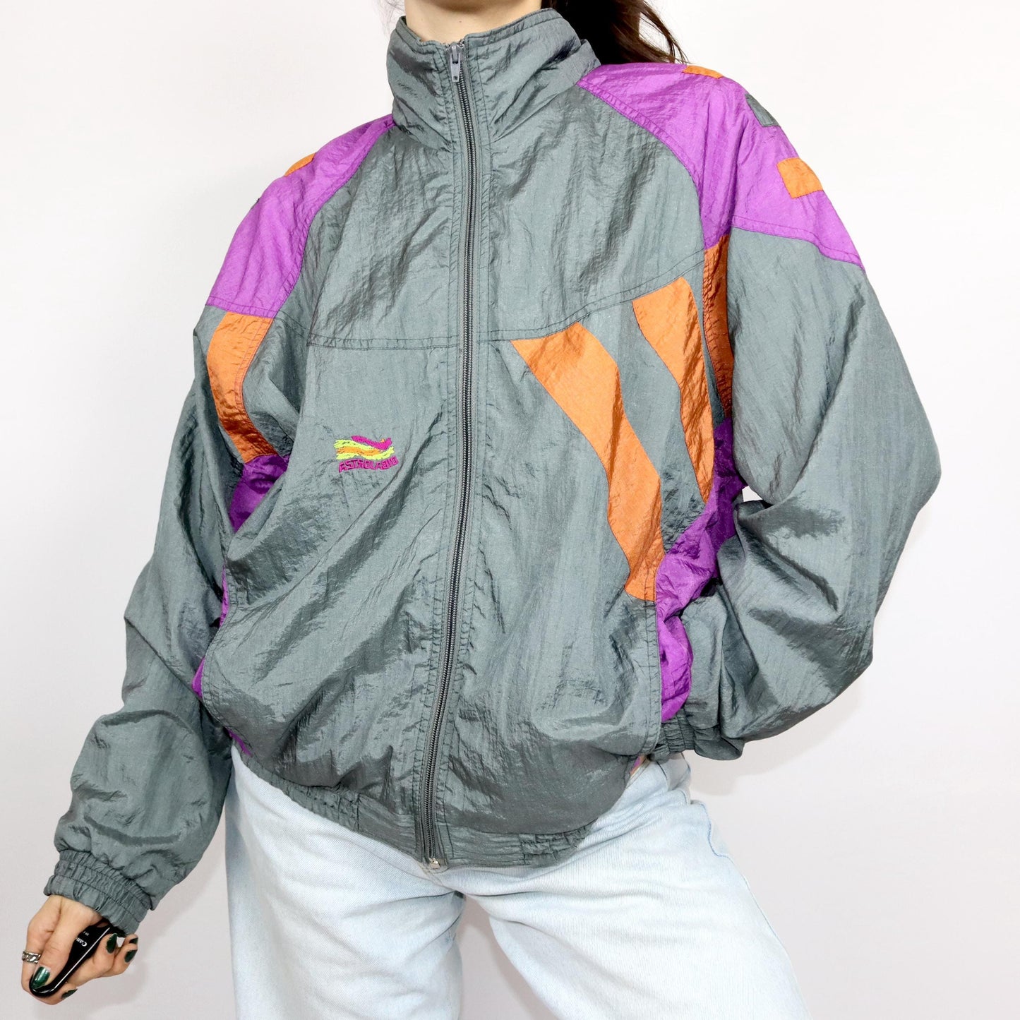 Vintage 80s 90s ASTROLAGIO tracksuit jacket stand-up collar shiny grey colorful M