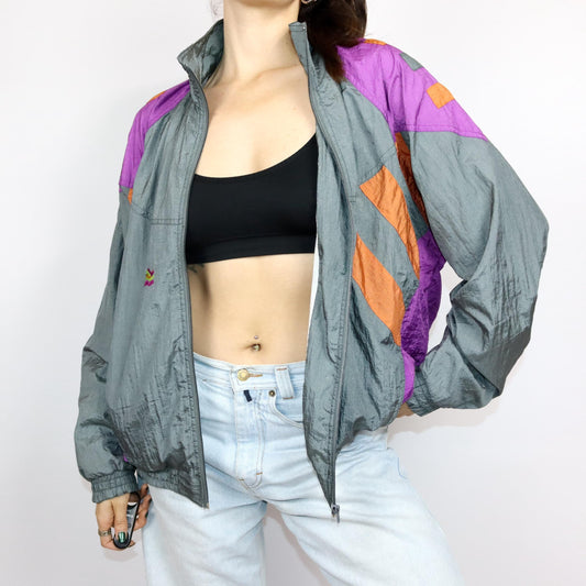 Vintage 80er 90er ASTROLAGIO Trainingsjacke Jacke Stehkragen glänzend grau bunt M