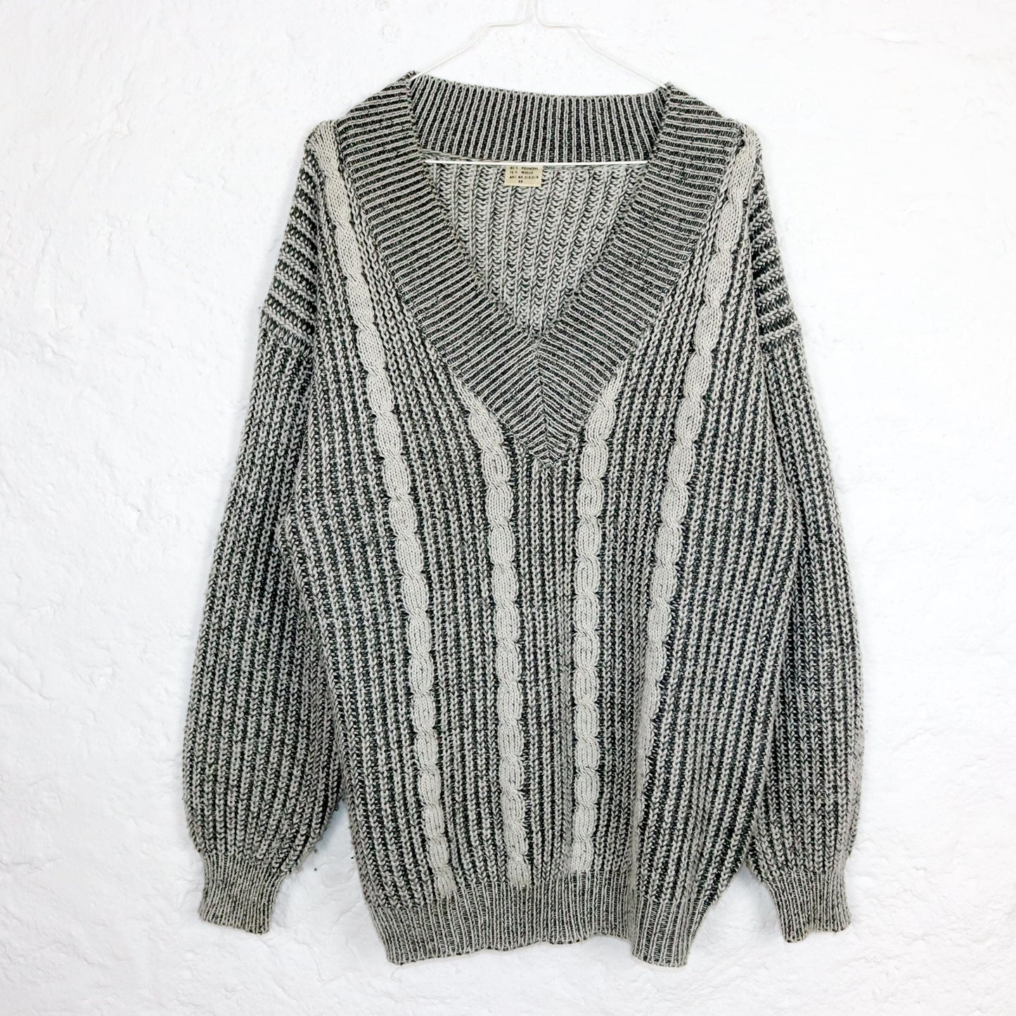 Vintage 80er 90er Pullover Wollpullover Wolle V-Ausschnitt grau 48 M/L
