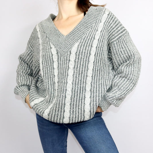 Vintage 80er 90er Pullover Wollpullover Wolle V-Ausschnitt grau 48 M/L