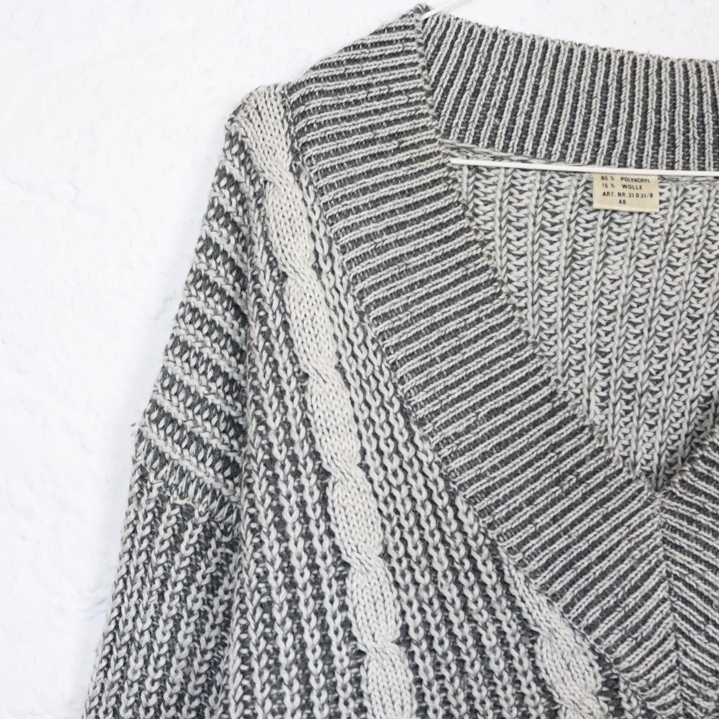 Vintage 80er 90er Pullover Wollpullover Wolle V-Ausschnitt grau 48 M/L