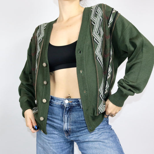 Vintage 80er 90er Strickjacke Cardigan gemustert dunkelgrün Knopfleiste 52 L