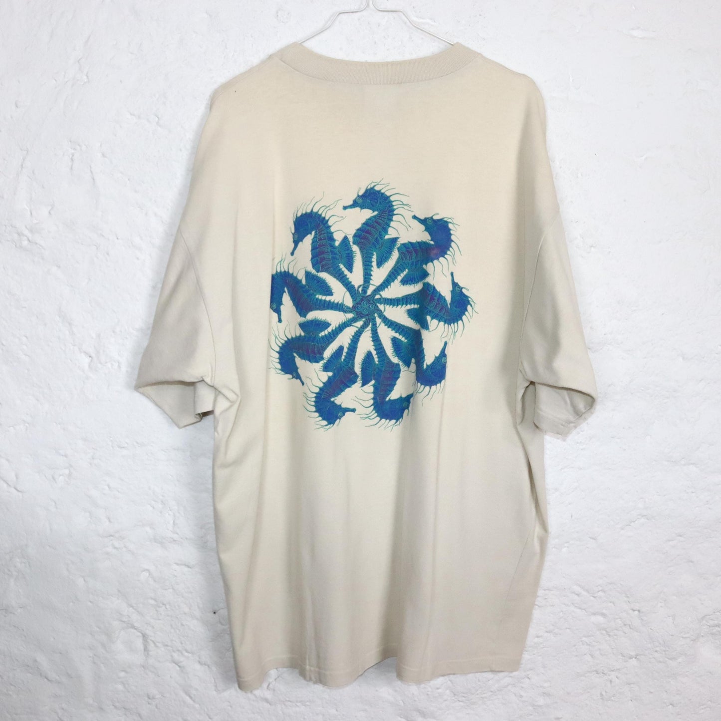 Vintage 80s 90s SKY&HI Skater Shirt T-Shirt short sleeve heavy cotton beige print back XL
